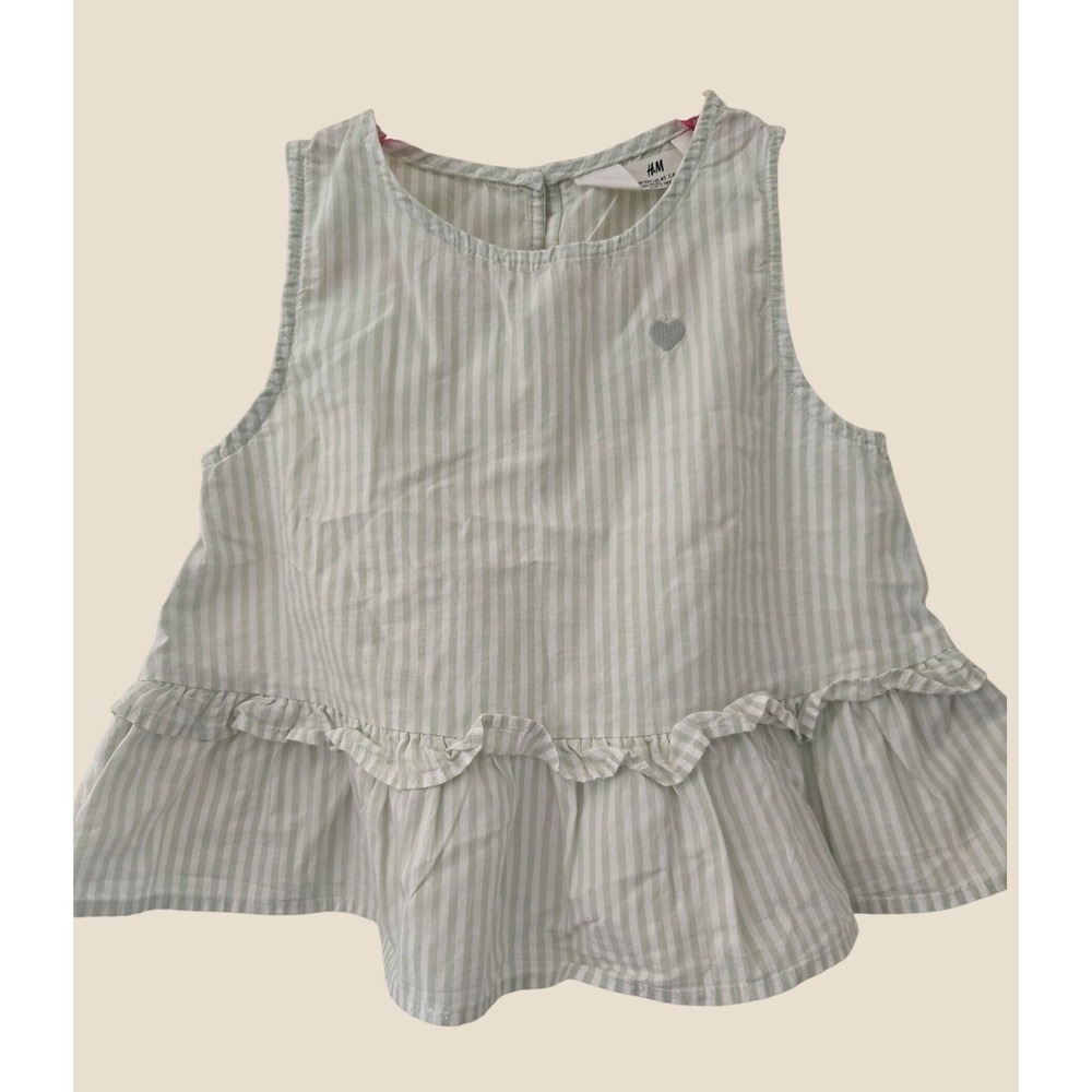 HM Girls Green White Striped Peplum Sleeveless Top Heart Detail Size 6-9M